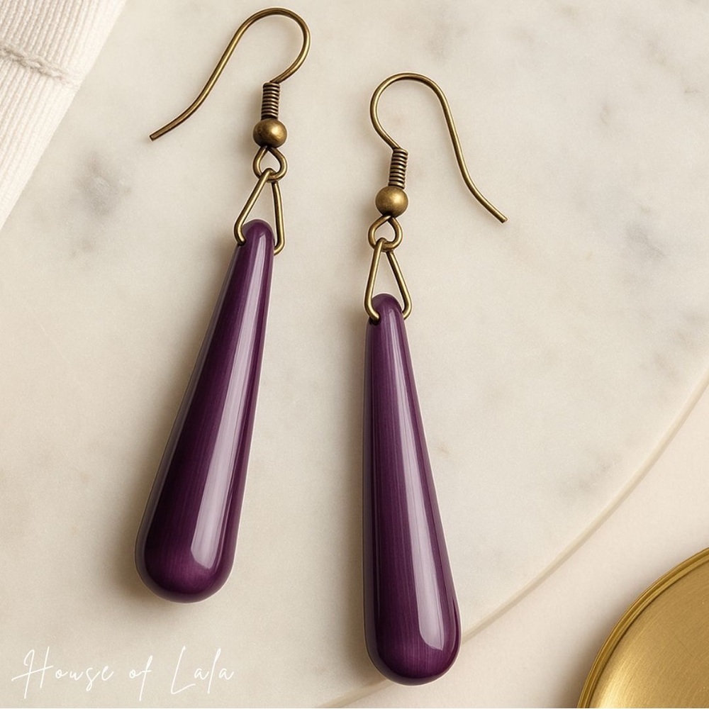 Purple cats eye stone dangle earrings